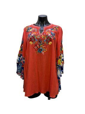 John Mark Embroidered Tunic Blouse Coral Multi Print M
